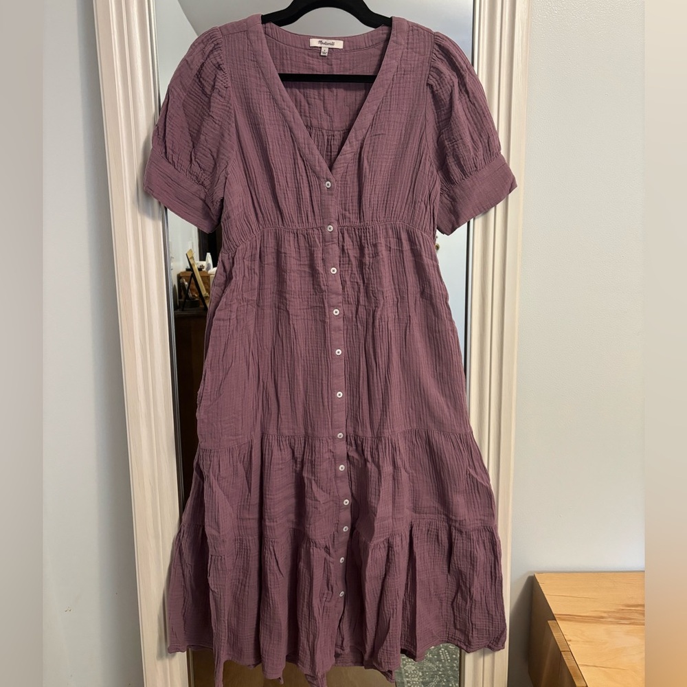 Madewell Dusty Purple Button-down Cotton Tiered Midi Dress